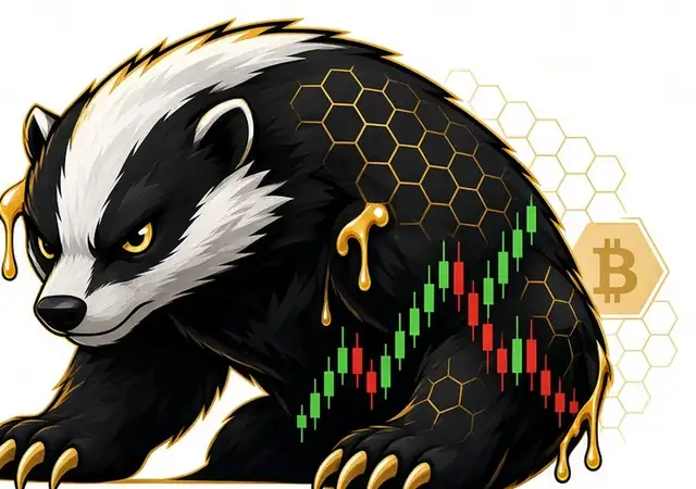 Honey badger in black and gold crouched over a candlestick chart with a Bitcoin hexagon