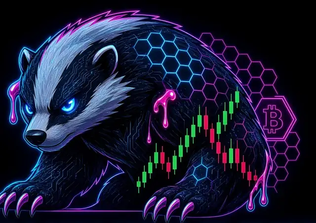 Neon honey badger crouched over a candlestick chart with a Bitcoin hexagon